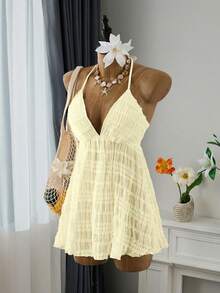Bellisia Đầm ngắn dáng suông xếp ly, chất liệu vải dệt họa tiết mới, size 26SS, dành cho nữ, thanh lịch và gợi cảm, thích hợp cho kỳ nghỉ biển hoặc tiệc tùng. - Vàng nhạt - Xem 4