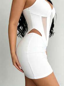 Zyxie Spaghetti Strap Mesh Patchwork Hollow Out Design Bodycon Mini Dress For Women - White - View 3