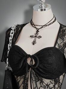SHEIN ICON Áo ren tay ngắn buộc dây phía trước cổ vuông gợi cảm cỡ lớn, kiểu dáng cổ điển Y2K. - màu đen - Xem 7