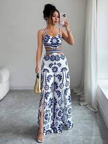 Elenzga Bộ áo liền quần nữ kiểu dáng thường ngày, thiết kế khoét eo, đa năng, phù hợp cho việc đi làm. - Màu xanh lam - Xem 4