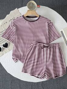 SHEIN 少女T恤套装，休闲运动宽松落肩条纹T恤和短裤套装，夏季 - 彩色 - 查看 5