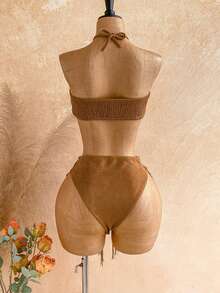 Soleia Nouvelle combinaison sexy à col ras-du-cou, taille ajourée avec franges , style bohème, romantique à fleurs, pour les vacances - Tabac - Voir 2
