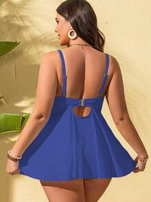 SHEIN Swim Curve Plus Size Women 2pcs Solid Color Spaghetti Strap Padded Tummy Control Casual Vacation Bikini Swimwear Set - Blue - View 2
