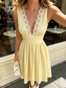 Pariaura Women's Contrast Lace Deep V-Neck Sleeveless Midi Dress Golf White Summer - Light Yellow - View 1