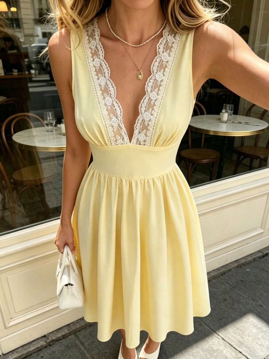 Pariaura Women's Contrast Lace Deep V-Neck Sleeveless Midi Dress Golf White Summer - Light Yellow - View 1