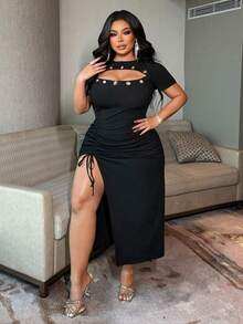 SHEIN CURVE+ 大码女士性感弹力罗纹针织连衣裙，正面镂空设计，金属孔眼装饰，侧开衩 - 黑色 - 查看 5