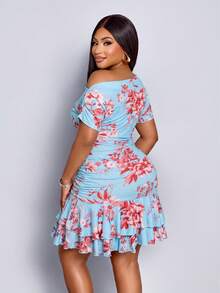 Elegant Mini Dress For Parties And Daytime Events, Featuring An Asymmetrical Neckline, Long Sleeves, Gathered Details, And A Double Ruffle, Made Of Apricot-Colored Knit Fabric For Women. - 磨砂黑 - 查看 3