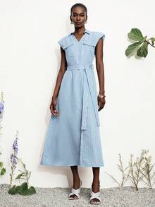 Aveloria Modichic Elegant Striped V-Neck Sleeveless Dress With Pockets, Waist Belt, Flattering Fit For Commute & Daily Wear - Blue - View 2