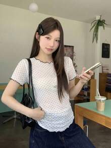 DAZY 女士休闲波点长袖韩版T恤，夏季 - 白色 - 查看 2
