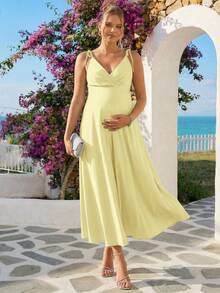 Loomaby Umstandskleid in Unifarbe mit ärmellos, Bindedetail, elegantes Sommerkleid - Gelb - Übersicht 9