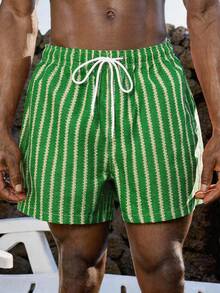 Manfinity VDAYZ 1pc Men's Contrast Stripe Pattern Drawstring Waist Beach Shorts, Summer Holiday Style - Green - View 4