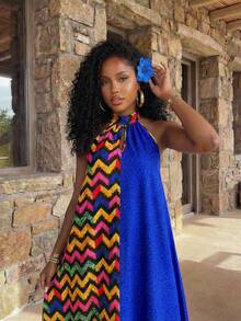 VaVaBold Women's Color Block Halter Neck Casual Vacation Dress, Suitable For Summer - Multicolor - View 9