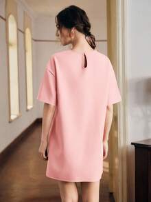 Anewsta Solid Color Loose Lace Patchwork Short Sleeve Straight Dress For Women - Pink - View 2