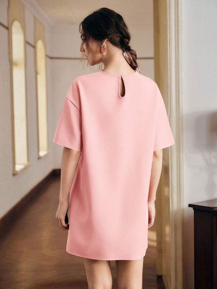 Solid Color Loose Lace Patchwork Short Sleeve Straight Dress For Women