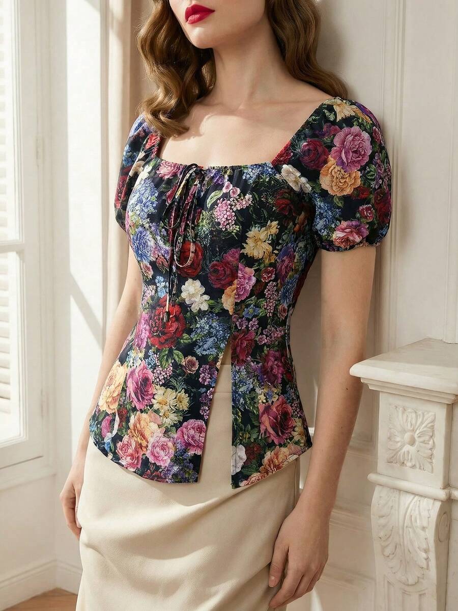 优雅女士泡泡袖方领系带复古风印花衬衫，完美适用于夏季、春季、情人节、狂欢节、海滩郊游、派对、生日、度假、休闲穿着和毕业季。 - 彩色 - 查看 1