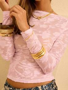 Aralina 女士时尚休闲修身长袖T恤 - 粉色 - 查看 3