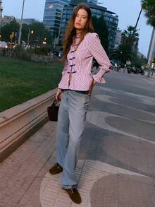 2026 Blusa a rayas con elegante cuello mao, silueta ajustada con peplum y puños fruncidos con estilo, que ofrece una opción refinada y femenina para el invierno de las mujeres, perfecta para estilos formales, uso diario pulido, looks festivos de verano y conjuntos sofisticados de primavera. - Rosa - Ver 7