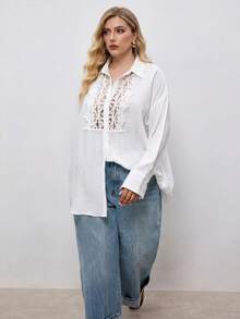 Maija Camisa de talla grande de unicolor casual con parches de encaje, primavera/otoño - Blanco - Ver 4