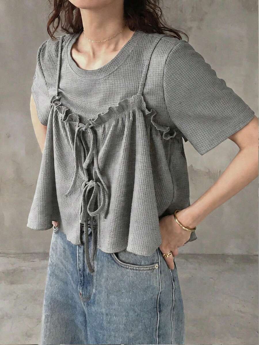 FRIFUL 女士两件套,宽松圆领短袖,系带蝴蝶结褶皱荷叶边装饰家居服套装,夏季女士休闲装 - 灰色 - 查看 1