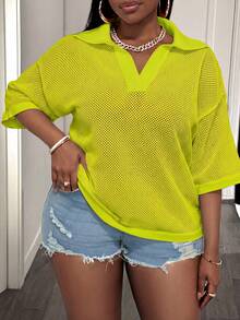 Slaydiva Loose Fit Solid Color V-Neck Drop Shoulder Hollow Out Knit Casual Blouse For Plus Size Women, Spring/Summer - Mint Green - View 9