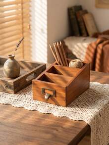 Cirelle 1Pc Tiered Wooden Desktop Storage Box, Solid Wood Construction With Vintage Finish, Multi-Use For Pens, Cosmetics & Small Gadgets, Perfect For Home, Office And Bedroom Organization, Decorative Organizer - Multicolor - View 7