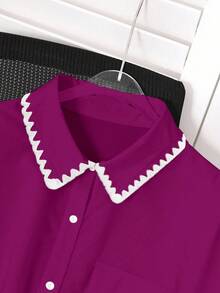 SHEIN LUNE Plus Size Women Contrast Color Single-Breasted Long Sleeve Shirt - Purple - View 3