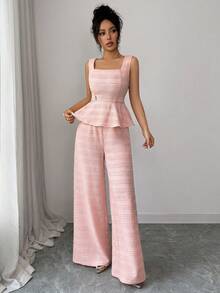 SHEIN Elenzya Women's Soft Pink Summer Elegant 2-Piece Set Textured Square Neck Sleeveless Ruched Waist Gold Trim Pearl Button High Waist Wide Leg Pants Tea Party - Pink - View 7