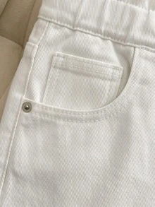 SHEIN Girls & Teens White Casual Denim Jeans,Back-To-School Drawstring Elastic Waist,Mid-Rise,Loose Fit,Pockets,Wide Leg,Comfortable For Daily Wear,Dancing - White - View 4