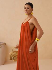 Vesra Spaghetti Strap Deep V-Neck Backless Pleated Dress With Draped Tail, Sexy & Elegant For Women - Burnt Orange - View 5