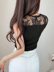 Áo vest nữ cổ tròn phối ren tương phản, kiểu dáng thường ngày. - màu đen - Xem 4
