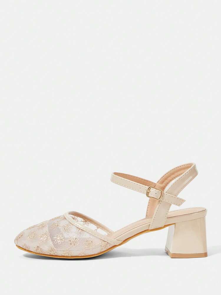 CUCCOO HITCHD Ladies Round Head Fashion Simple Mesh Shiny Beads Casual Mary Jane Saddle Strap High Heel Bough Heel Sandals