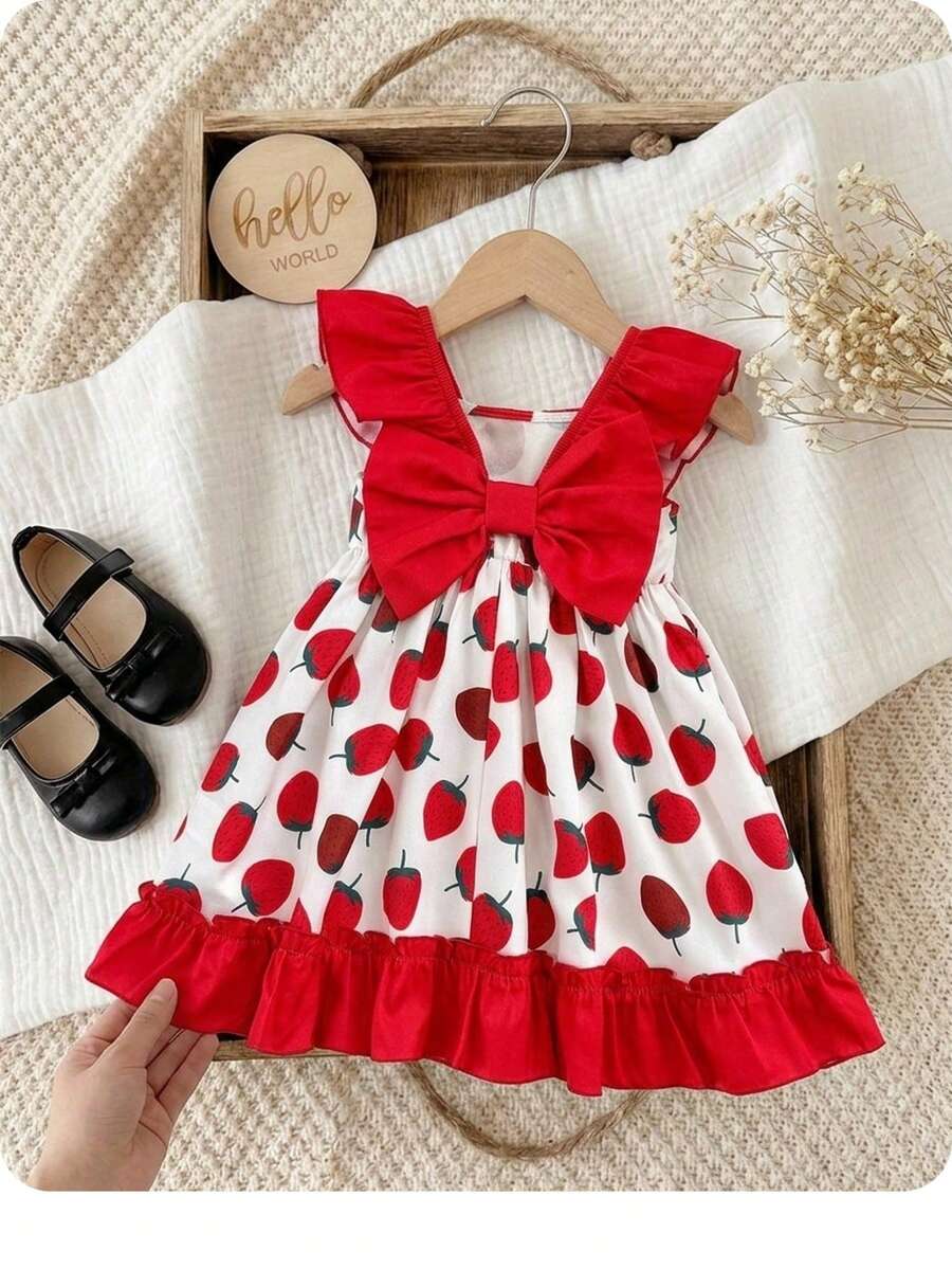 SHEIN Đầm hè dễ thương cho bé gái với họa tiết dâu tây, phối màu, viền bèo nhún. - Đỏ - Xem 1