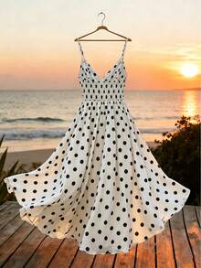 Everyssa Women's White With Black Polka Dots Sleeveless Camisole Dress,Summer Vintage Beach Vacation Swing Holiday,Elegant A-Line Slip Skirt - Apricot - View 2