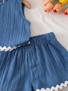 2pcs Young Girl Woven Solid Color Round Neck Casual Vest And Shorts Set - Blue - View 6