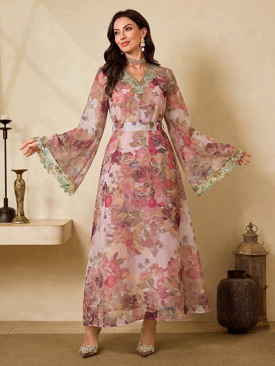 Al Najma Women's Floral V-Neck Flare Sleeve Elegant Arabic Style Dress - Watermelon Pink - View 1