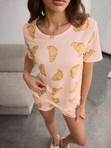 SHEIN Set Piyama Anak Perempuan Lucu Lengan Pendek dan Celana Pendek Motif Croissant Kartun - Coral Pink - View 6