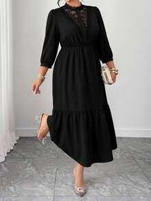 Elenzga Vestido de unicolor con volantes en el bajo, manga 3/4, corte evasé y parches de encaje para mujer de talla grande - Negro - Ver 5
