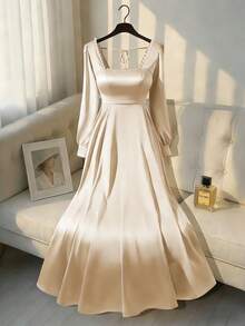 Franclia Plus Size Women's French Style Casual Elegant Square Neck Long Sleeve Dress - Apricot - View 1