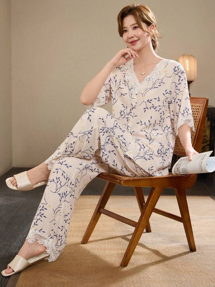 Women's Elegant Floral Print Lace Patchwork Pajama Set, Summer