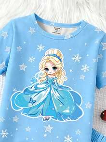 小女孩梦幻公主冰雪奇缘星空印花夜光可爱针织弹力面料舒适柔软短袖上衣和短裤两件套睡衣 - 藍色 - 查看 4