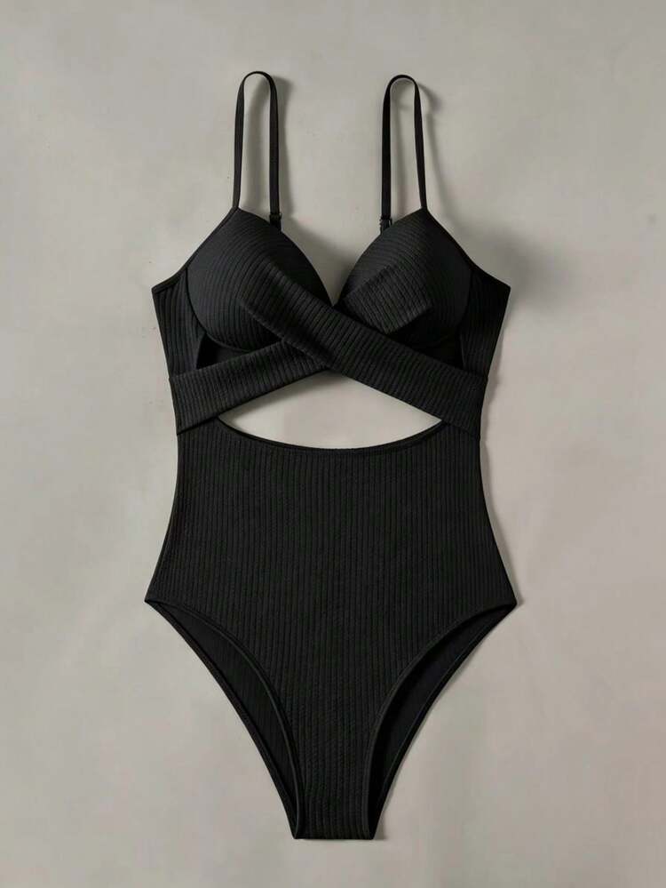 Summer Beach Solid Criss Cross Push Up One Piece Swimsuit