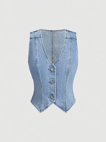 Sweetra Bộ đồ nữ phong cách retro tối giản gồm áo vest cài nút và quần short denim có túi khóa kéo. - Rửa nhẹ - Xem 8