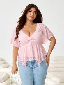 Solflare Cute Pastel Pink Summer Tea Party Plus Size T-Shirt,Sweetheart Neckline Chest Ruching Jacquard Knit Top With Ruffle Flounce Sleeve&Asymmetric Hem - Pink - View 5