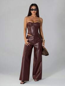 SHEIN PETITE Áo croptop quây ngực bằng da PU màu nâu thời trang gợi cảm dành cho nữ, áo corset da, áo màu nâu, áo đi chơi đêm, áo đi club, áo corset nâu, áo dự tiệc, áo da, áo mùa hè, áo quây ngực, áo Halloween, áo Giáng sinh, áo năm mới - Màu Đỏ Sâu - Xem 10