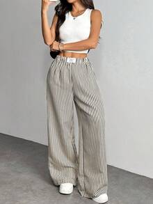SHEIN PETITE Women's Letter & Striped Wide Leg Loose Casual Pants ,Petite Women - Dark Grey - View 5