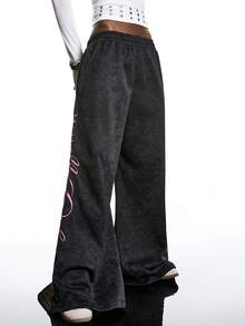 LYSMO 女款休閒寬鬆字母刺繡寬腿運動長褲，深綠色，夏季，Y2K，城市度假，極簡主義，春夏假期節慶海灘 - 深灰色 - 查看 5