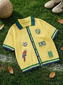 ROMWE MEN Men's Embroidered Striped Jacquard Knit Polo Shirt - Yellow - View 1