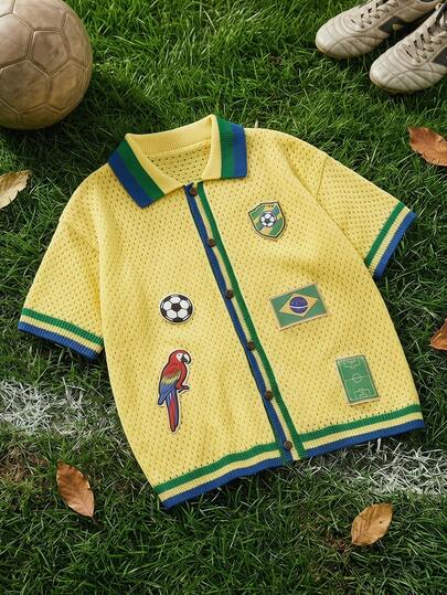 ROMWE MEN Men's Embroidered Striped Jacquard Knit Polo Shirt