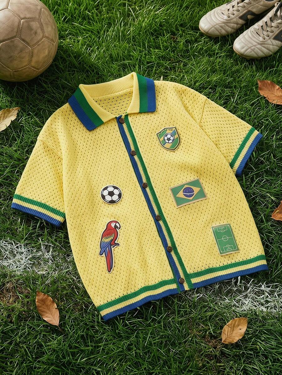 ROMWE MEN Men's Embroidered Striped Jacquard Knit Polo Shirt - Yellow - View 1