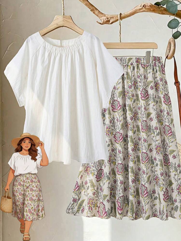 2pc Set Plus Size Women's Summer Casual Vacation Country Solid Color Loose Top And Floral Print Skirt 2 Piece Set, Casual Daily Wear,Suitable For Summer, Vacation, Daily Wear, Festival Outfits For Women,Beach Outfits For Women,Gifts For Mother,Boho Top,Mothers Day Outfit, Daily Wear Casual,Country Concert Outfit ,Modest Two Piece Set, Plus Size Summer Sets,Plus Size Pants Set,Boho Set,2 Piece Casual Sets Woman,Two Piece Set Women, Floral Print  Set,Summer Skirt Sets, Summer Outfit Set For Women, Skirts Sets
